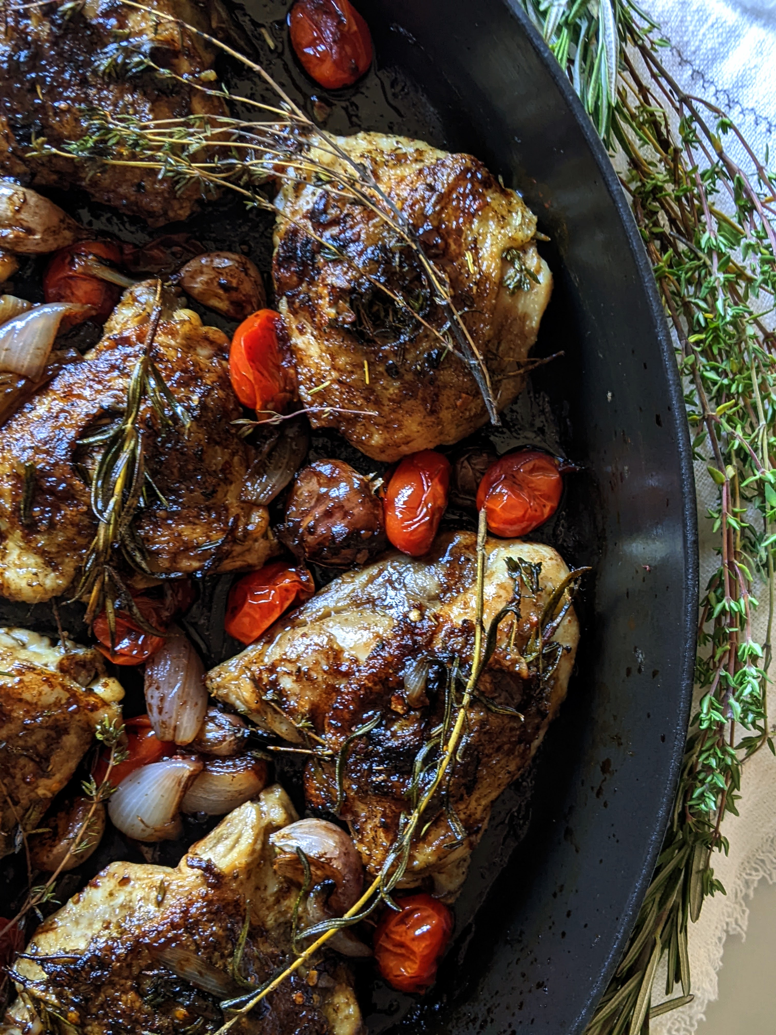 Roasted Balsamic Chicken Thighs with Blistered Cherry Tomatoes