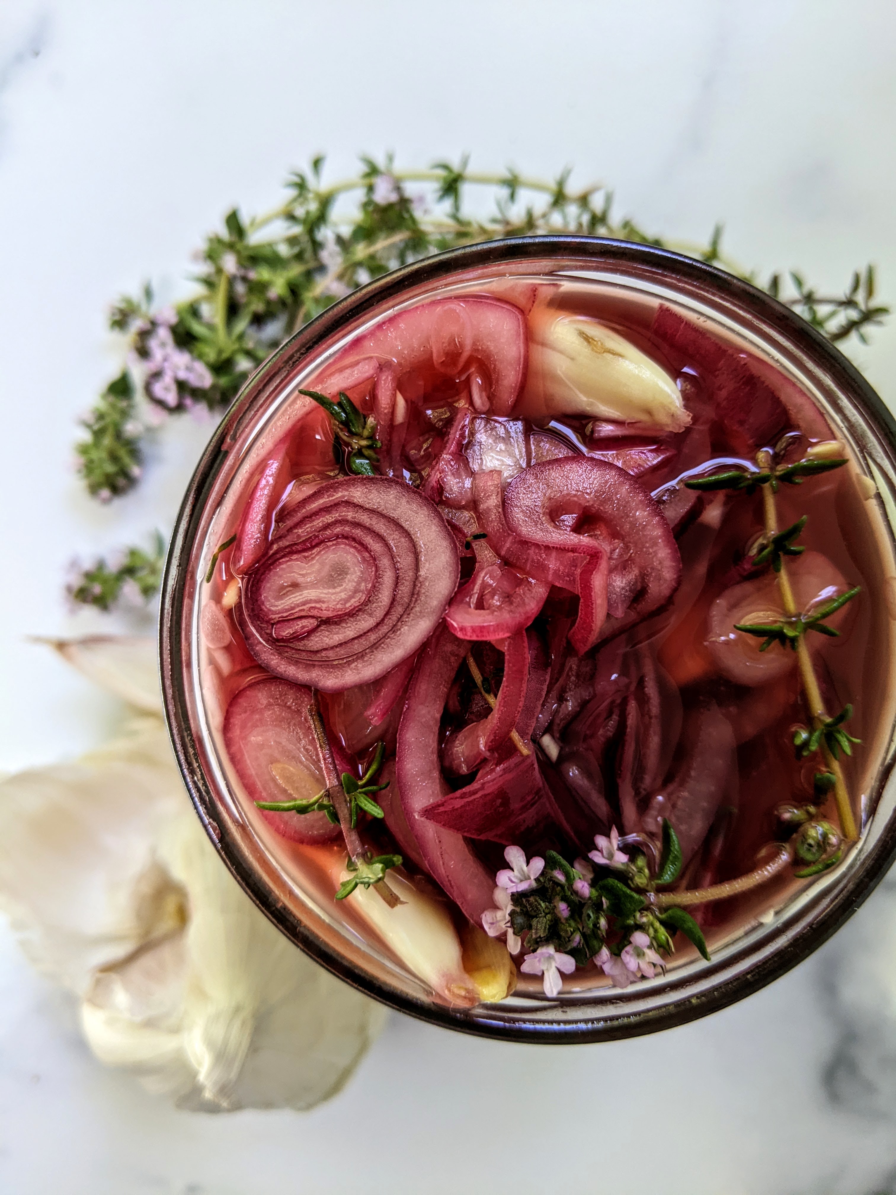 Quick Pickled Red Onions with Thyme, Garlic and Honey
