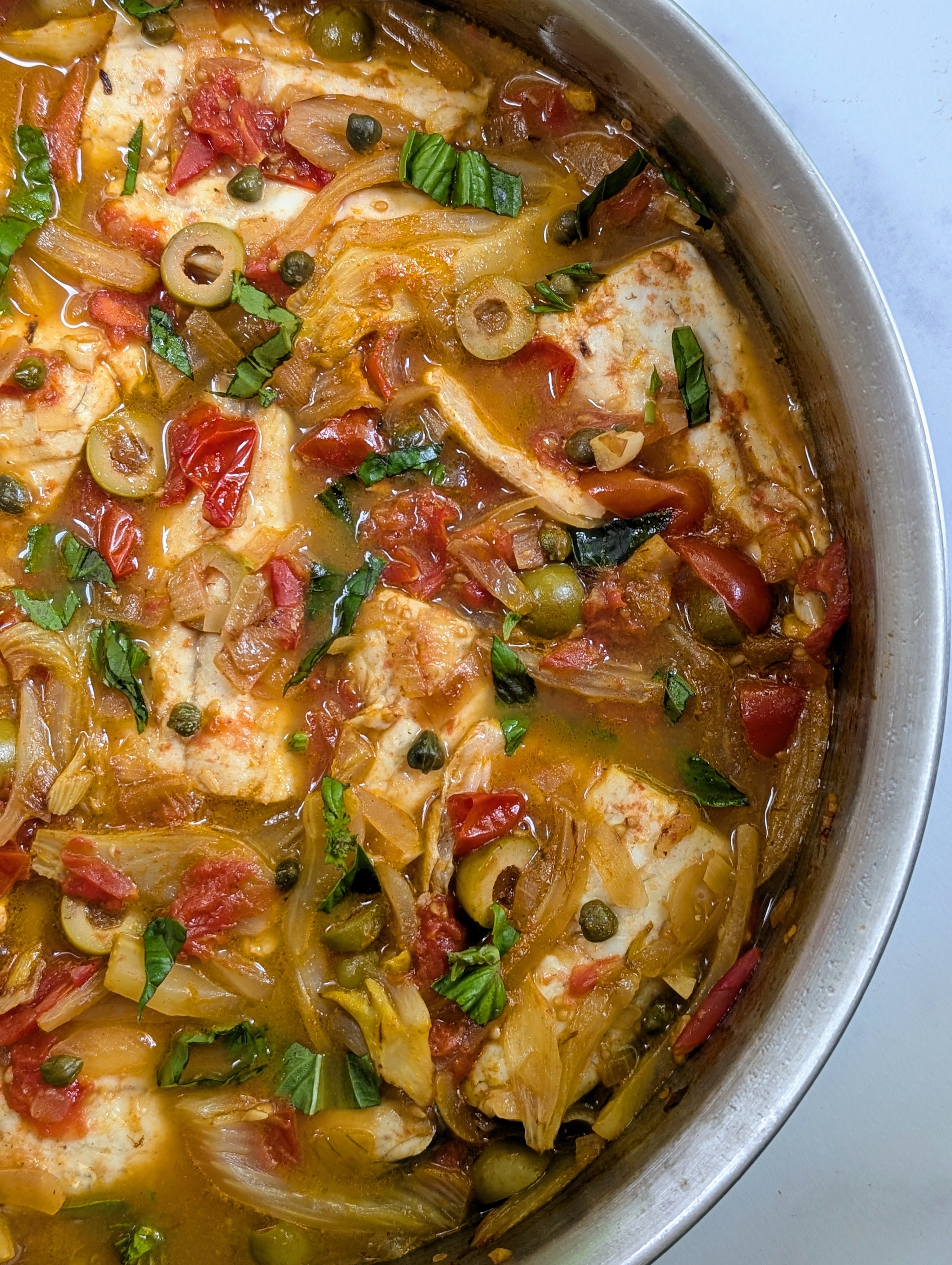 One Pan Mediterranean Fish With Olive and Tomatoes